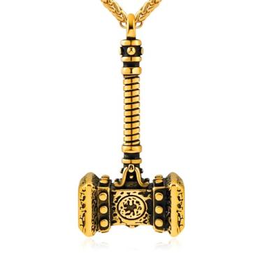 Imagem de Oaldilee Colar masculino nórdico viking Mjolnir Thor martelo para homens, pingente de amuleto nórdico Valknut banhado a ouro 18 quilates de aço inoxidável com corrente de trigo, caixa de presente, Aço