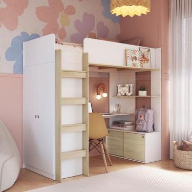 Imagem de Cama Infantil Multifuncional com Armário e Escrivaninha Branco/Carvalh