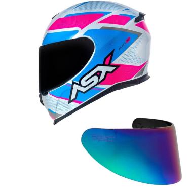 Imagem de Capacete ASX Eagle Fast Branco Rosa e Azul Mais Viseira Camaleão