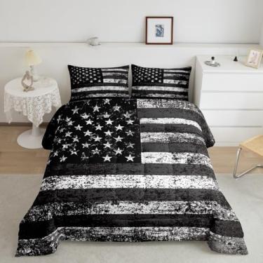 Imagem de Feelyou Conjunto de edredom com bandeira americana, tamanho solteiro, listrado, preto e branco, para meninos, meninas, adolescentes, retrô, bandeira dos EUA, respirável, vintage, conjunto de edredom