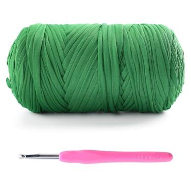 Imagem de Fio de camiseta para crochê - 400 g/130 m para sacos de crochê/cestas/decoração de casa - fio de camiseta de tecido elástico macio com 1 gancho de crochê (1, verde grama)