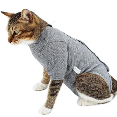 Imagem de pangdi Terno de recuperação de gatos, macacão para gatos após cirurgia, terno neutro para gatos machos, design de manga nas pernas dianteiras, cinza, pequeno