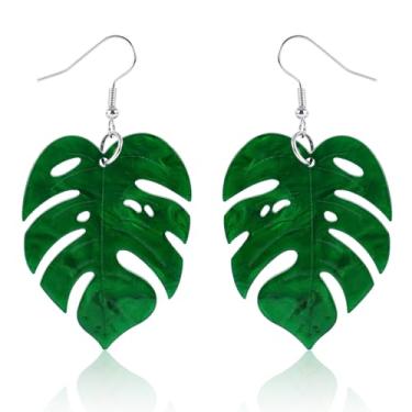 Imagem de Brincos Monstera, 6,5 x 3,5 cm, brincos de planta de folha de palmeira de acrílico para mulheres, pingente de gota de folha Monstera, joia tropical ideal para aniversário (verde)