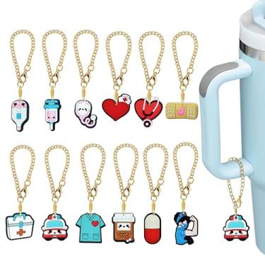 Imagem de 10/12 peças de berloques rosa e preto queen/alça médica para copo Stanley de PVC berloque acessórios femininos lembrancinha de festa presente de enfermeira, 10PCS-Pink Black Queen, Cloreto de