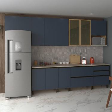 Imagem de Cozinha Completa Bartira Cristal com 9 Portas, 7 Gavetas, 8 Prateleiras, 1 Nicho e 340cm de Largura - Lâmina Mel/Azul Royal
