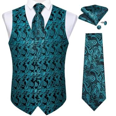 Imagem de DiBanGu Colete masculino e gravata formal Paisley colete e gravata bolso abotoaduras quadradas terno colete de seda colete para casamento smoking, A azul-petróleo, G