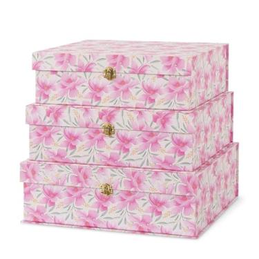 Imagem de Soul & Lane Caixas de armazenamento decorativas de papelão floral rosa com ferragens douradas - conjunto de 3, blush de jardim - caixas empilháveis com tampas para decoração e organização de casa,