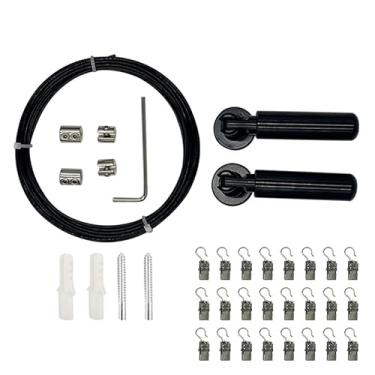 Imagem de HaiFanWJ Sistema de pendurar na parede, conjunto de cabos de aço inoxidável, 5 m, varal de janela de fio de tensão, projetado para varandas e banheiros, cortesia com 24 ganchos (preto)