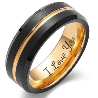 Imagem de LerchPhi Aliança de casamento masculina preta de 6 mm, 8 mm, borda chanfrada, com borda chanfrada, com gravação personalizada para homens, anéis de compromisso para ele e ela, Metal, Sem pedra