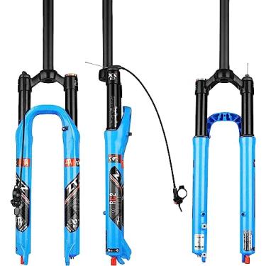 Imagem de ZTZ Garfo de suspensão de ar de liga de alumínio para bicicleta MTB 26/27,5/29" MTB, ajuste de rebote Straight Trail QR 9 mm joureny 120 mm Bloqueio manual/remoto XC AM FR MTB Garfo dianteiro (Azul-Reto, 27,5")