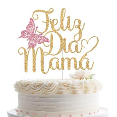 Imagem de Feliz Dia Mama Cake Topper, Happy Mother's Day Decorations, Thank You Mom - We Love You Decor, Mother's Day Party Decoration Supplies Gold & Pink Glitter