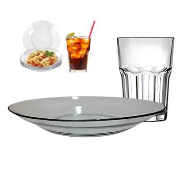 Imagem de Conjunto 6 Pratos Astral Liso Vidro E 6 Copos Vitamina 350ml - PRATICA
