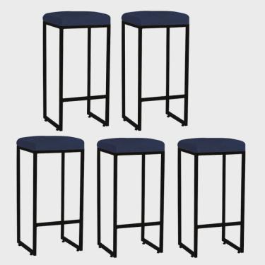 Imagem de Kit 05 Banqueta Alta Lara Para Cozinha Bar Balcão Bistrô Churrasqueira Ferro Preto Suede Azul Marinho - Ahz Móveis