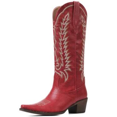 Imagem de Tscoyuki Botas De Cowboy Vermelhas Para Mulheres: Cano Alto Estilo Western Bordadas Mulheres - Altas Com Bico Fino E Salto Grosso, Tamanho 7