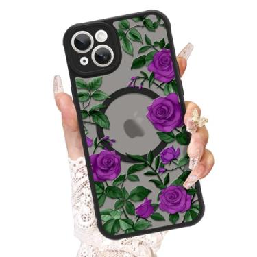 Imagem de AIGOMARA Capa para iPhone 15, compatível com MagSafe, linda estampa de flor rosa com capa de telefone fosca semitransparente para mulher Gilrs TPU macio e PC capa protetora traseira fina roxa