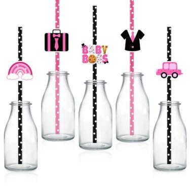 Imagem de 50 canudos de papel Boss para beber, lembrancinhas de festa tema de bebê Boss Girl Happy Bossday Canudos rosa preto duplo impresso para bebê Glir Boss chá de bebê 1º aniversário revelar lembrancinhas