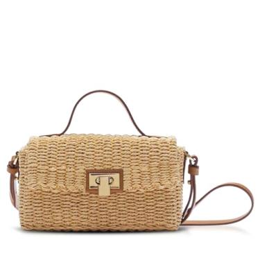 Imagem de Bolsa de palha para mulheres, bolsa de praia quadrada, bolsas tecidas à mão, bolsas transversais adequadas para viagens de férias diárias (cáqui)