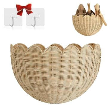 Imagem de Cesta de parede recortada, organizador de armazenamento de estilo nórdico de vime indonésio natural, decoração de casa pendurada para decoração de casa, simplicidade moderna com dois ganchos fortes