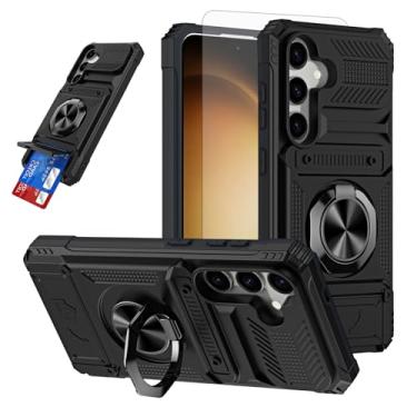 Imagem de Furiet Capa de telefone para Samsung Galaxy A56 5G protetor de tela de vidro temperado slots para cartão anel magnético suporte à prova de choque de silicone macio amortecedor híbrido duas camadas