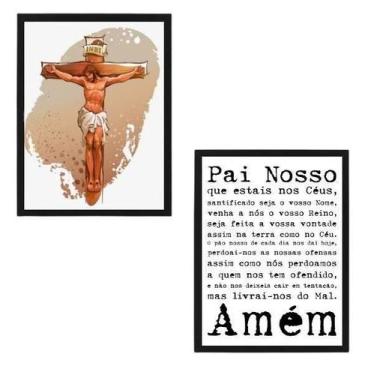 Imagem de Kit 2 Quadros Jesus Cruxificado Pai Nosso 24X18 Vidro Branca - Quadros