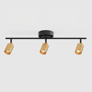 Imagem de VidaLite Luminária de teto de trilho fixo de 7 W com três lâmpadas com cabeças giratórias, holofote interior moderno de 3000 K para arte de cozinha e sala de estar, 1470 lúmens, 3, preto e latão