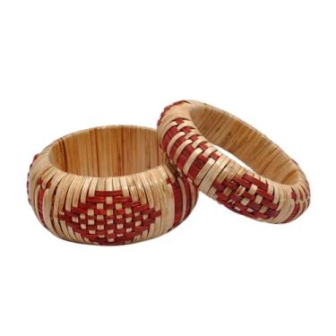 Imagem de Pure Hands Coleção Veracious Weave - Conjunto de 2 pulseiras de bengala colorida vermelha e natural inspirada em cestaria tecida à mão, US:MEDIUM (INNER DIAMETER: 66mm or 2.6Inches), Madeira, Sem