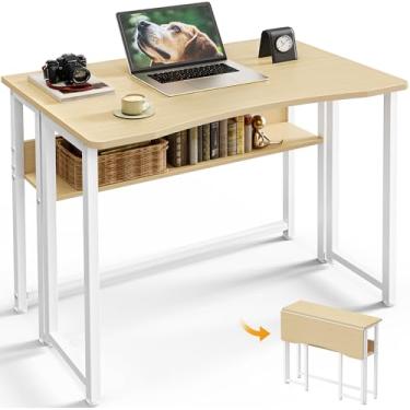 Imagem de Huuger Mesa dobrável com prateleira de armazenamento, mesa de computador dobrável de 81,5 cm para espaços pequenos, mesa de sofá para sofá, mesa de trabalho e escritório, fácil de dobrar, carvalho