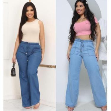 Imagem de Calça Wide Leg Feminina Larga Pantalona com elástico na cintura Jeans 