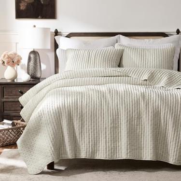 Imagem de WDCOZY Conjunto de colcha king size de ponto cruz bege, colcha macia e leve listrada, manta rústica Channel Farmhouse, roupa de cama country para todas as estações, edredom fino