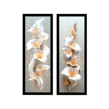 Imagem de Kit 2 Quadros Decorativos, Flores Brancas com Iluminação Dourada, 18x45 cm, Moldura com Vidro, para Sala e Quarto (Pretas)