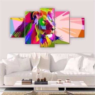 Imagem de Quadros Decorativos Mosaico Quarto Leão Colorido 5 Peças
