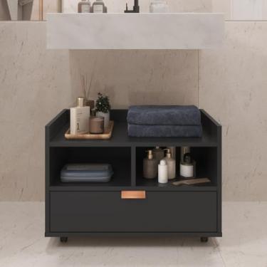 Imagem de Gabinete Armário Banheiro Pia De Coluna C/Rodízios Cobreado(Preto)