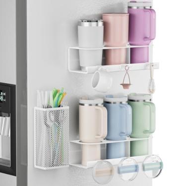 Imagem de Suporte magnético para copo Stanley 20/30/1,134 g - 2 pacotes organizadores de copos para Stanley - Organizador de garrafa de água para geladeira com cesta de canudo e 6 ganchos para tampas de copo