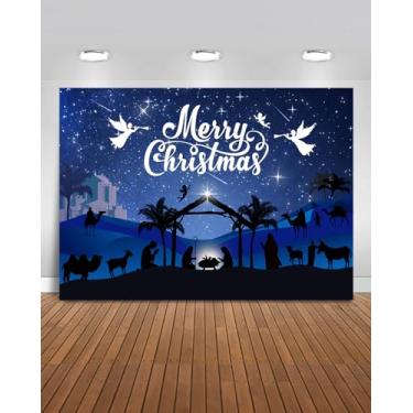 Imagem de Mocsicka Merry Christmas Presépio pano de fundo azul grande decoração de festa de Feliz Natal faixa Jesus Natal fotografia Backgournd adereços de cabine de fotos (azul, 2,1 x 1,5 m (208,3 x 152,4 cm)