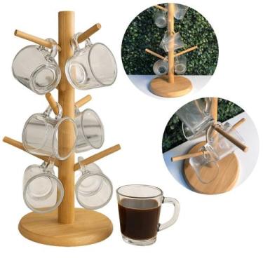 Imagem de 6 Xícaras + Suporte Para Xícaras Feito Em Bambu 15 x 34cm - Gira Comer