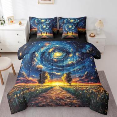 Imagem de Erosebridal Conjunto de edredom casal de galáxia com glitter azul, céu estrelado brilhante, 7 peças, para crianças, meninos, meninas, natureza, nebulosa, cama em uma bolsa, paisagem rural rústica