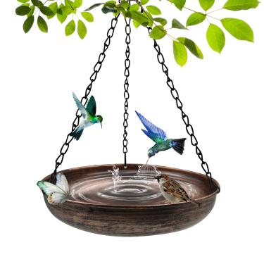 Imagem de OUISJYER Banheira para pássaros pendurada no exterior, tigela de banho de metal para pássaros de 25 cm com correntes e gancho para pendurar ao ar livre para árvore, gazebo, pátio, varanda, presente