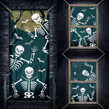 Imagem de DoubleFill Conjunto de 3 peças de capas de porta de janela de Halloween, cortina assustadora, esqueleto, fantasma, cortina de janela de caveira, silhueta de janela com tema de terror, pôster de porta