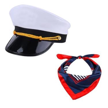 Imagem de Clobeau Conjunto de 2 peças de chapéu de marinheiro e cachecol para mulheres e homens, chapéu de capitão de barco de iate, cachecol, acessório para festa de fantasia de capitão (chapéu de capitão, G)