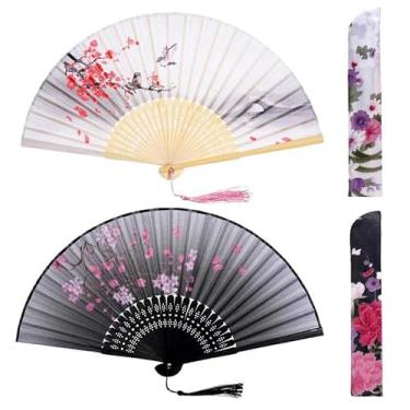 Imagem de Jmkcoz Ventiladores dobráveis portáteis florais leques de bambu de seda com borla, ventilador dobrável à mão chinês japonês com manga de tecido para decoração de adereços de festa de casamento