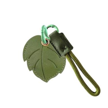 Imagem de Capa de couro compatível com AirTag, linda capa protetora com chaveiro e cordão, antiarranhões, rastreador GPS para chaves, bolsa, animais de estimação (folha)