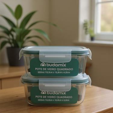 Imagem de Conjunto 2 Pote de Vidro Quadrado 800ml, Tampa Hermética 4 Travas Vedação, Marmita Fitness