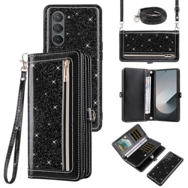Imagem de Asuwish Capa de celular para Samsung Galaxy Z Fold 6 5G 2024 com zíper carteira destacável com alça transversal alça de cordão bling glitter flip compartimento para cartão ZFold6 Z6 G Fold6 6Z