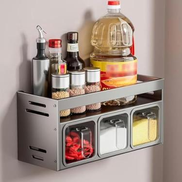 Imagem de Organizador De Prateleira De Especiarias Montado Na Parede Prateleira De Especiarias De Cozinha Para Tempero De Bancada Caixa Recipientes Com Alça Para Ervas Sal Açúcar, Grey, With 3 spice box