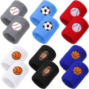 Imagem de 24 pulseiras esportivas para crianças, pulseiras coloridas de tecido felpudo com design de futebol, basquete, futebol, beisebol, para festas esportivas, lembrancinhas de festa de aniversário, 6 cores