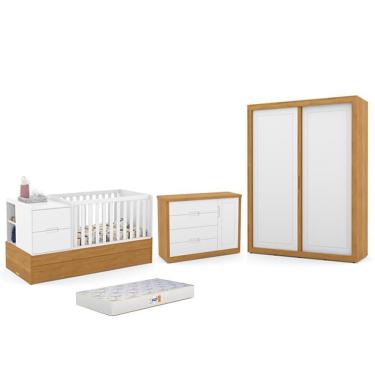 Imagem de Dormitório Completo Infantil Tutto New 2 Portas de Correr, Cômoda, Berço Multifuncional Formare e Colchão D18 - Matic Móveis Branco Soft/Freijó