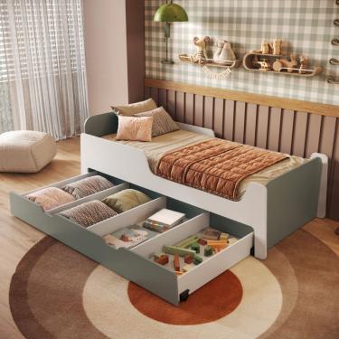 Imagem de Cama Infantil  Solteiro Mick com Baú Auxiliar em MDF Mobikasa - Branco/Verti