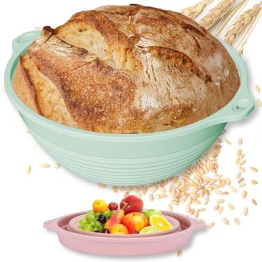 Imagem de Cestas de silicone melhoradas à prova de pão – incluindo anéis de aço, cesta redonda dobrável de 23 cm (verde + rosa)