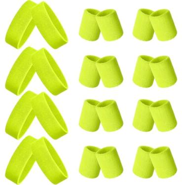 Imagem de Skylety Conjunto de 24 faixas de suor neon dos anos 80, inclui 8 faixas esportivas e 16 pulseiras elásticas atléticas para suor para homens e mulheres festa dos anos 80 (amarelo fluorescente)