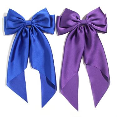 Imagem de Presilhas de cabelo sedosas para mulheres, presilhas de metal, presilhas francesas com cauda longa, fita de cetim, laço de cor sólida, prendedor de cabelo Lady Presilhas Scrunchies Acessórios para rabo de cavalo 2 peças (roxo e azul royal)